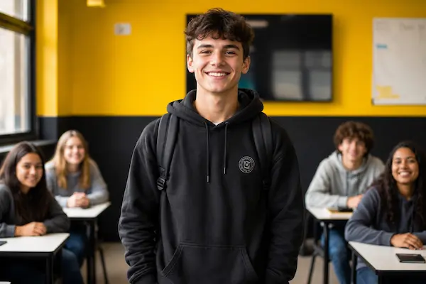 Jovem sorrindo dentro de sala de aula ilustrando o curso de espanhol para adolescentes da fourflags
