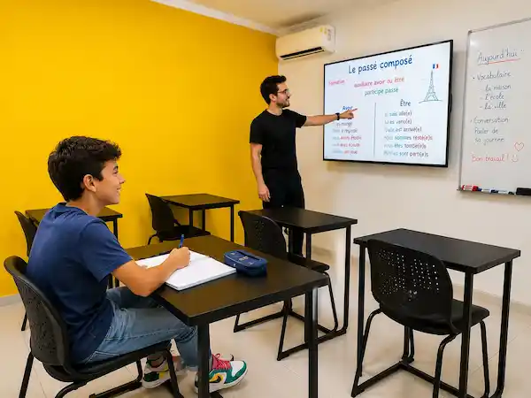 Professor e aluno adolescente em sala de aula ilustrando o curso de francês para adolescentes da fourflags
