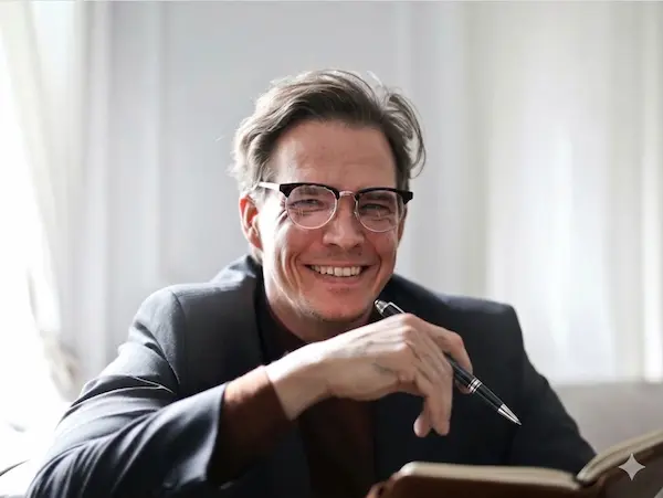 Homem sorrindo segurando caneta e livro ilustrando o curso de inglês para adultos da fourflags