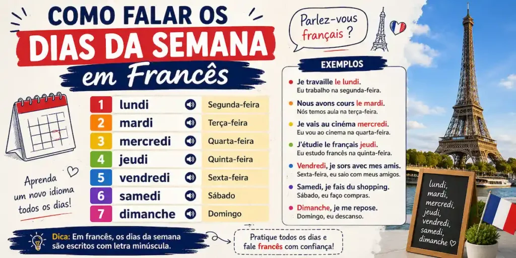 Infográfico didático sobre como falar os dias da semana em francês da escola de idiomas FourFlags em São Caetano do Sul, com a lista de segunda a domingo e a Torre Eiffel ao fundo.