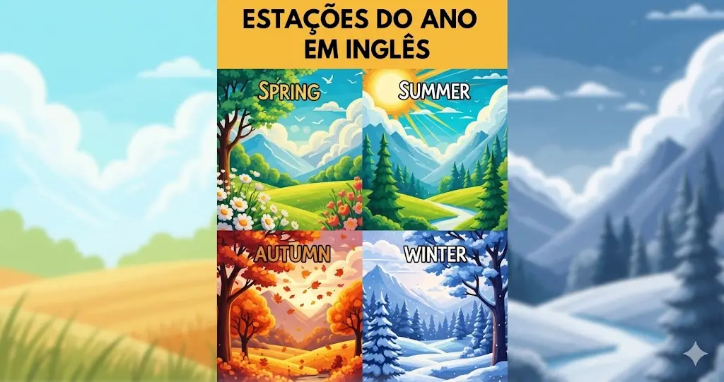 Infográfico educativo sobre as estações do ano em inglês no blog da FourFlags São Caetano do Sul, mostrando as ilustrações e termos Spring, Summer, Autumn e Winter.
