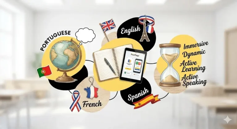 Infográfico conceitual da metodologia FourFlags Language Center, destacando o aprendizado dinâmico de Inglês, Francês, Espanhol e Português através de tecnologia e imersão cultural.
