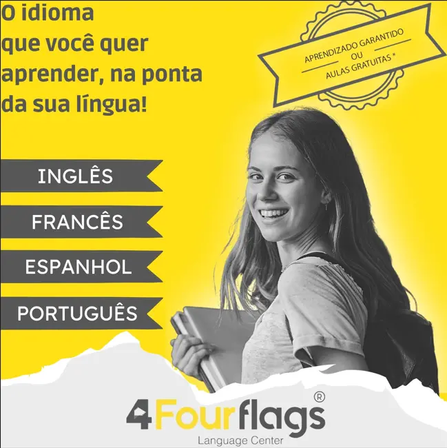Banner FourFlags: Cursos de Inglês, Francês, Espanhol e Português com selo de aprendizado garantido.