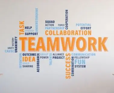 Nuvem de palavras com destaque para ‘TEAMWORK’, cercada por termos relacionados a colaboração, comunicação, sucesso e trabalho em equipe.
