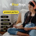 Dica de inglês da escola de idiomas FourFlags em São Caetano do Sul sobre o uso do present perfect com ever, never, already, just e yet, com imagem de uma jovem estudando em um sofá.