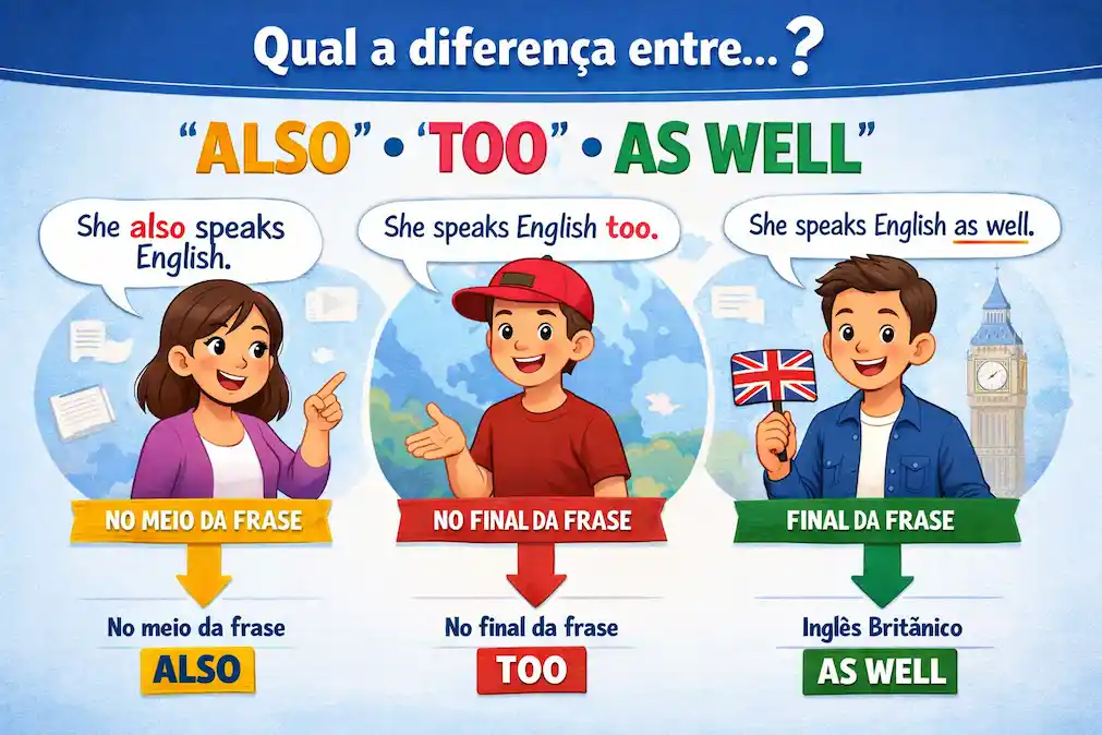 Infográfico da escola de idiomas FourFlags em São Caetano do Sul explicando a diferença entre also, too e as well com exemplos de frases em inglês.