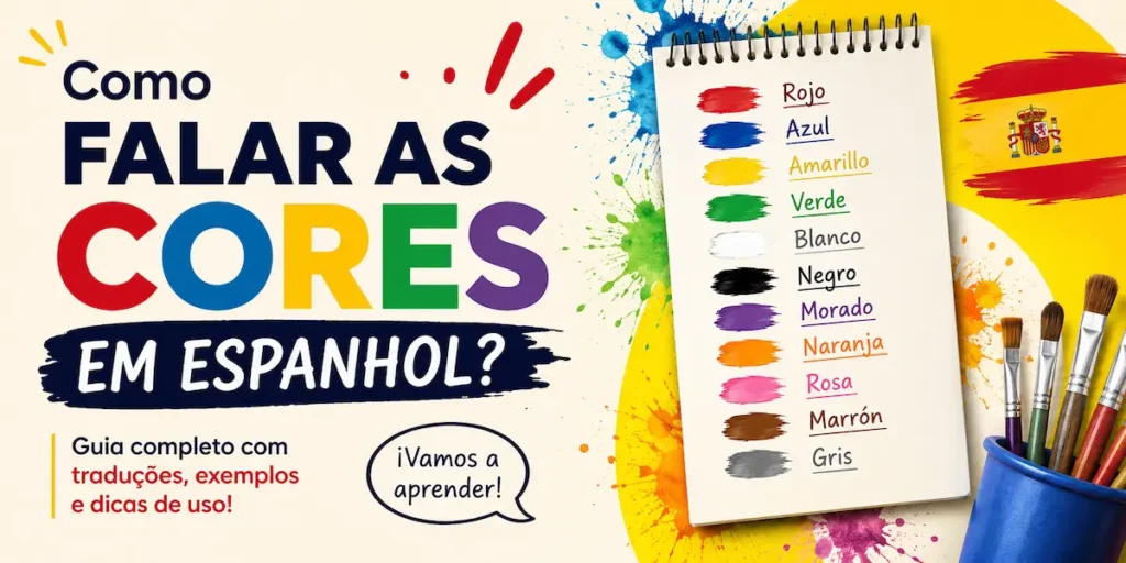 Infográfico sobre como falar as cores em espanhol da escola de idiomas FourFlags em São Caetano do Sul, mostrando uma lista de vocabulário com manchas de tinta coloridas e pincéis.