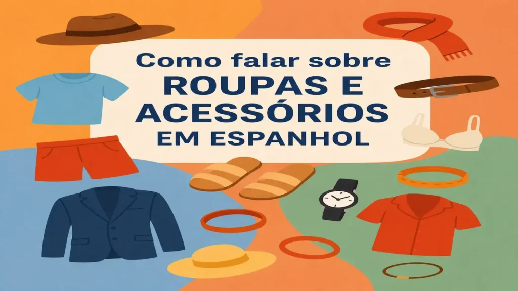 Dica de espanhol: infográfico com o título 'Como falar sobre ROUPAS E ACESSÓRIOS EM ESPANHOL', cercado por ícones de peças de vestuário e acessórios como chapéu, blazer, relógio e sandálias.