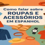Dica de espanhol: infográfico com o título 'Como falar sobre ROUPAS E ACESSÓRIOS EM ESPANHOL', cercado por ícones de peças de vestuário e acessórios como chapéu, blazer, relógio e sandálias.