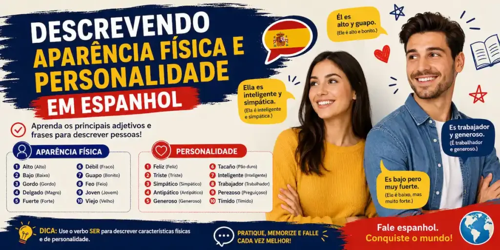 Infográfico didático ensinando como descrever a aparência física e a personalidade de pessoas em espanhol, criado pela escola de idiomas FourFlags em São Caetano do Sul, com listas de adjetivos e exemplos práticos traduzidos