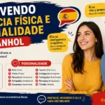 Infográfico didático ensinando como descrever a aparência física e a personalidade de pessoas em espanhol, criado pela escola de idiomas FourFlags em São Caetano do Sul, com listas de adjetivos e exemplos práticos traduzidos
