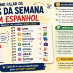 Infográfico de aula de espanhol: dias da semana em espanhol (lunes, martes, miércoles...) com explicações e exemplos de uso, ilustrado com bandeira da Espanha e calendário. Título: 'COMO FALAR OS DIAS DA SEMANA EM ESPANHOL