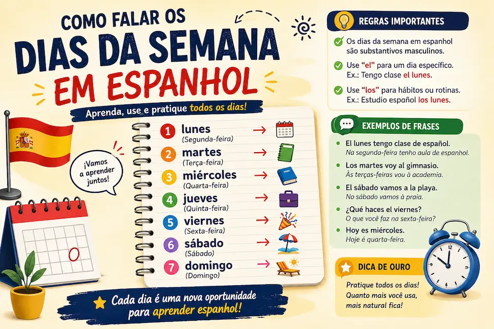 Infográfico de aula de espanhol: dias da semana em espanhol (lunes, martes, miércoles...) com explicações e exemplos de uso, ilustrado com bandeira da Espanha e calendário. Título: 'COMO FALAR OS DIAS DA SEMANA EM ESPANHOL