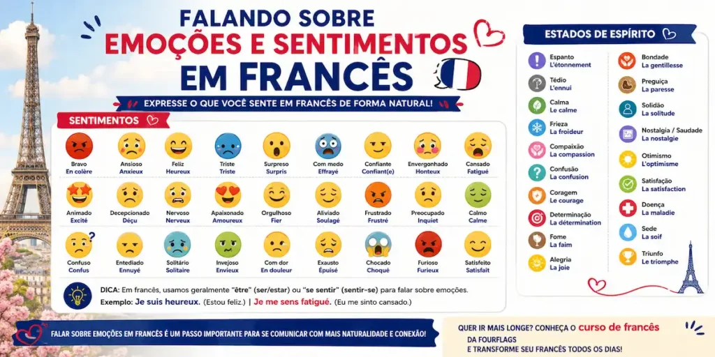 Infográfico didático sobre como falar sobre emoções e sentimentos em francês da escola de idiomas FourFlags em São Caetano do Sul, apresentando vocabulário com emojis e a Torre Eiffel ao fundo.