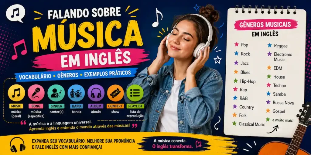 Infográfico sobre como falar de música em inglês da escola de idiomas FourFlags em São Caetano do Sul, mostrando vocabulário básico, gêneros musicais e uma mulher ouvindo música com fones de ouvido.