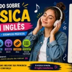 Infográfico sobre como falar de música em inglês da escola de idiomas FourFlags em São Caetano do Sul, mostrando vocabulário básico, gêneros musicais e uma mulher ouvindo música com fones de ouvido.