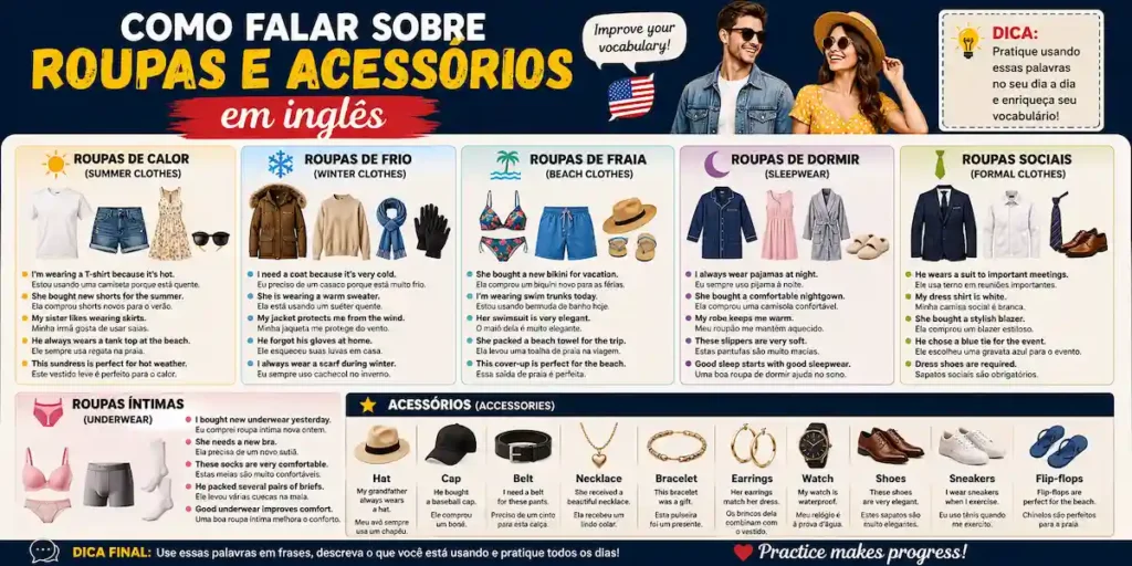 Infográfico sobre como falar sobre roupas e acessórios em inglês da escola de idiomas FourFlags em São Caetano do Sul, mostrando vocabulário dividido por categorias como roupas de calor, frio, praia, dormir, sociais e íntimas.