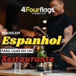 Dica de espanhol da escola de idiomas FourFlags em São Caetano do Sul com frases úteis para usar em um restaurante, ilustrada por clientes olhando o menu e um atendente anotando o pedido.