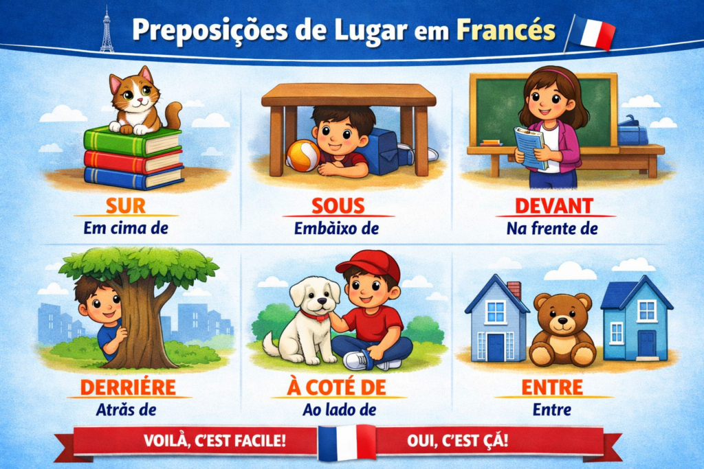 Infográfico sobre preposições de lugar em francês da escola de idiomas FourFlags em São Caetano do Sul, mostrando ilustrações didáticas com exemplos como sur, sous, devant e derrière.