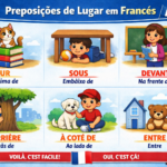 Infográfico sobre preposições de lugar em francês da escola de idiomas FourFlags em São Caetano do Sul, mostrando ilustrações didáticas com exemplos como sur, sous, devant e derrière.