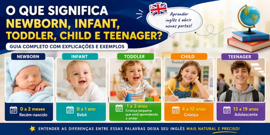 Infográfico da escola de idiomas FourFlags em São Caetano do Sul explicando o significado de newborn, infant, toddler, child e teenager em inglês, mostrando as fases do crescimento com idades e exemplos práticos.