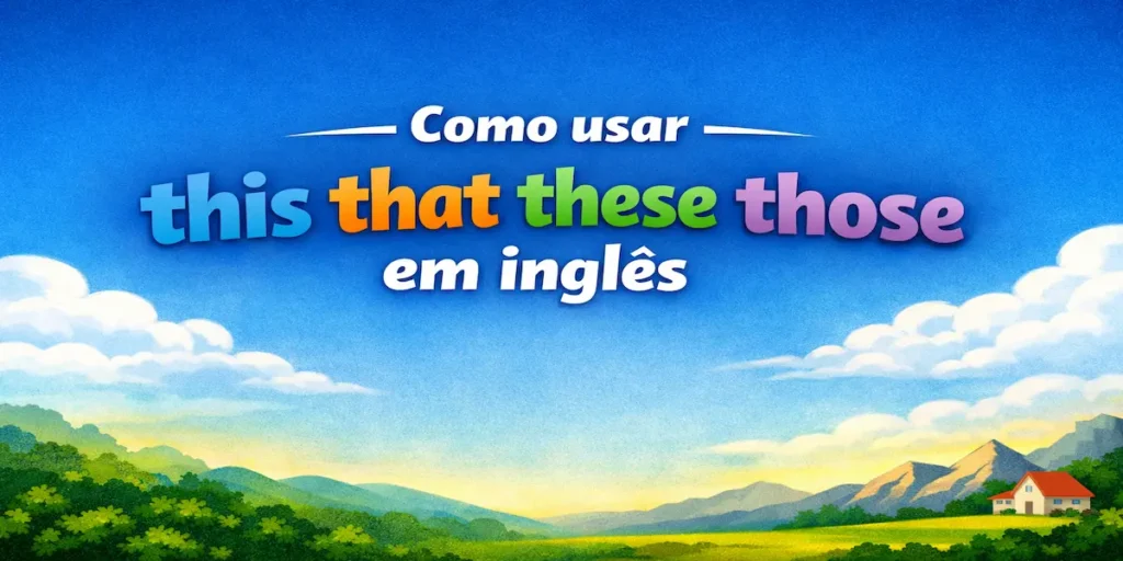 Dica de inglês sobre a diferença entre os pronomes demonstrativos: imagem com o título 'Como usar this, that, these, those em inglês' em uma paisagem ensolarada.