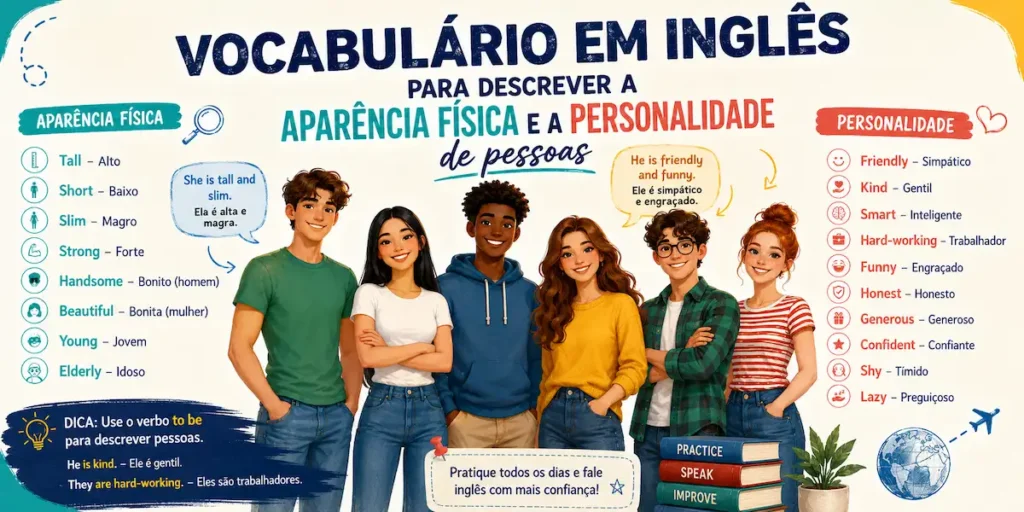 Dica de inglês: infográfico didático sobre vocabulário para descrever aparência física e personalidade em inglês, contendo listas de adjetivos essenciais, exemplos práticos e dicas gramaticais para estudantes.