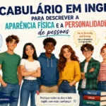 Dica de inglês: infográfico didático sobre vocabulário para descrever aparência física e personalidade em inglês, contendo listas de adjetivos essenciais, exemplos práticos e dicas gramaticais para estudantes.