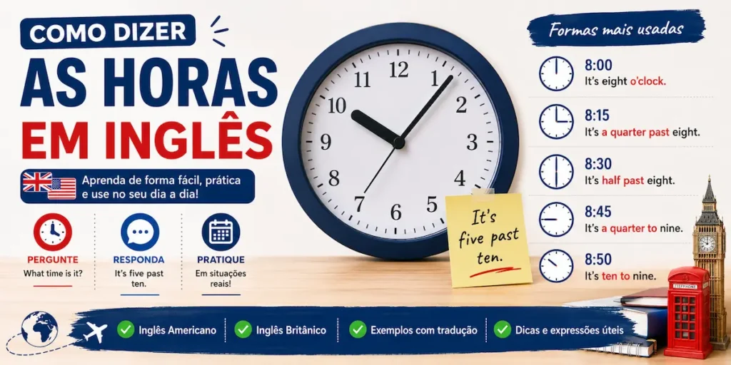Dica de inglês: infográfico completo com o título 'COMO DIZER AS HORAS EM INGLÊS', contendo exemplos práticos, vocabulário e explicações sobre o uso de 'past' e 'to' para dizer as horas, ilustrado com um relógio e ícones culturais britânicos.