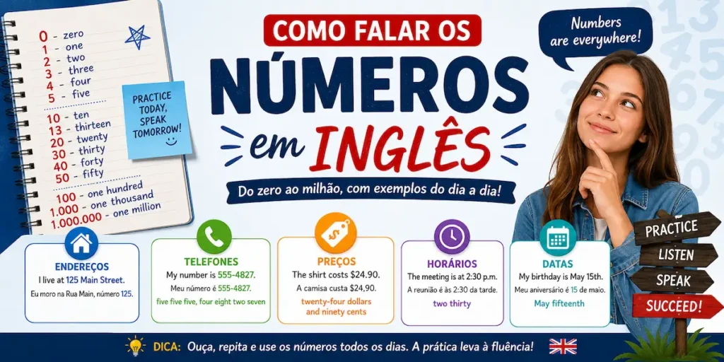 Dica de inglês: infográfico didático sobre como falar números em inglês, abordando desde a contagem básica até aplicações práticas no cotidiano, como datas, horários, preços e números de telefone.