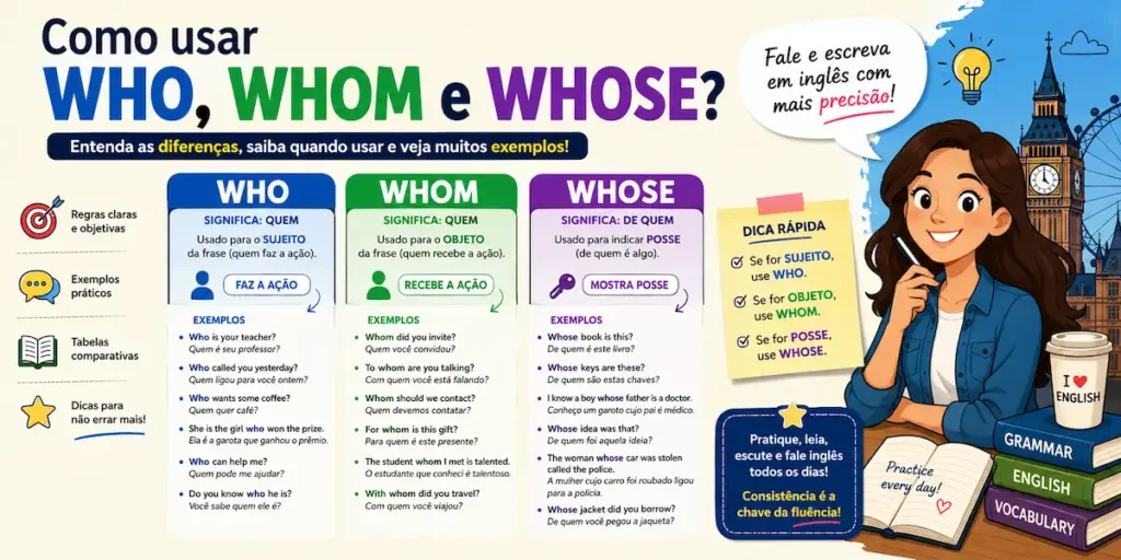 Dica de inglês: infográfico didático completo para blog de idiomas explicando a diferença, os usos e as regras de gramática entre os pronomes relactivos 'Who', 'Whom' e 'Whose', com exemplos traduzidos e dicas rápidas.