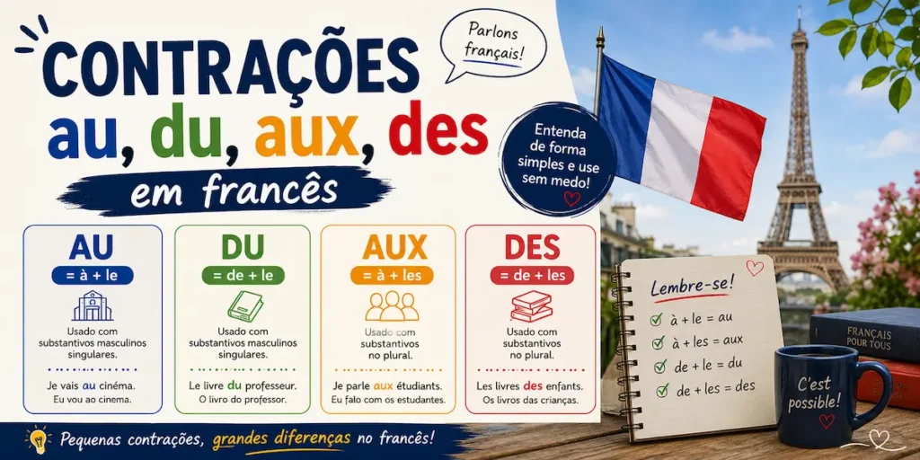 Dica de francês: infográfico didático sobre as contrações 'au, du, aux, des' em francês. O material explica a formação de cada contração (à+le, de+le, à+les, de+les) com exemplos práticos para estudantes.