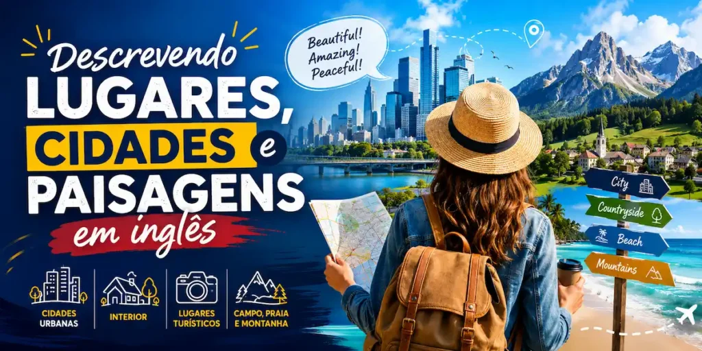 Dica de inglês: infográfico visual sobre como descrever lugares, cidades e paisagens em inglês. Inclui adjetivos, categorias de locais (cidade, campo, praia, montanha) e vocabulário turístico em um design atrativo.