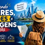 Dica de inglês: infográfico visual sobre como descrever lugares, cidades e paisagens em inglês. Inclui adjetivos, categorias de locais (cidade, campo, praia, montanha) e vocabulário turístico em um design atrativo.
