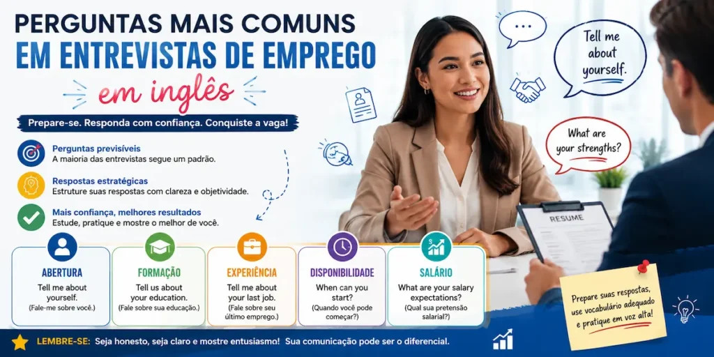 Dica de inglês: infográfico completo sobre 'Perguntas mais comuns em entrevistas de emprego em inglês', apresentando as principais perguntas, exemplos de temas abordados (formação, experiência, salário) e orientações estratégicas para candidatos.