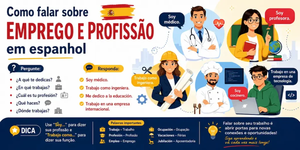 Dica de espanhol: infográfico didático sobre como falar de emprego e profissão em espanhol, contendo perguntas e respostas essenciais, vocabulário importante e dicas gramaticais para estudantes iniciantes.