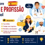 Dica de espanhol: infográfico didático sobre como falar de emprego e profissão em espanhol, contendo perguntas e respostas essenciais, vocabulário importante e dicas gramaticais para estudantes iniciantes.