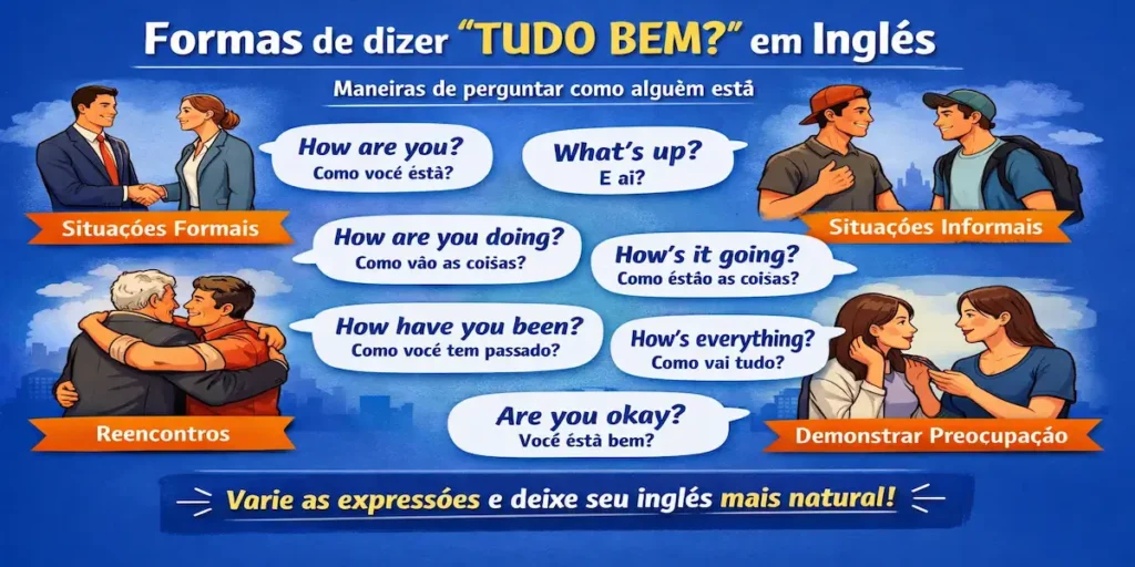 Dica de inglês: infográfico visual sobre maneiras de perguntar como alguém está em inglês. Inclui diversas expressões divididas por categorias como formal, informal, reencontros e preocupação, com traduções para o português.