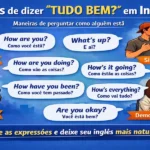 Dica de inglês: infográfico visual sobre maneiras de perguntar como alguém está em inglês. Inclui diversas expressões divididas por categorias como formal, informal, reencontros e preocupação, com traduções para o português.
