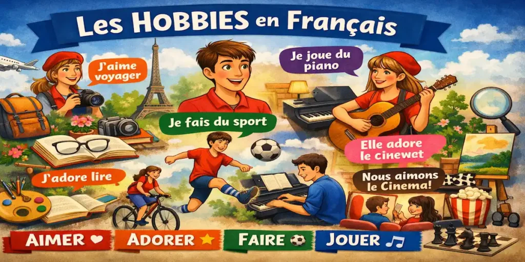 Dica de francês: infográfico sobre 'Les HOBBIES en Français', apresentando vocabulário de lazer e hobbies, verbos essenciais como aimer, adorer, faire e jouer, e exemplos de frases para expressar gostos pessoais em francês.
