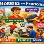 Dica de francês: infográfico sobre 'Les HOBBIES en Français', apresentando vocabulário de lazer e hobbies, verbos essenciais como aimer, adorer, faire e jouer, e exemplos de frases para expressar gostos pessoais em francês.