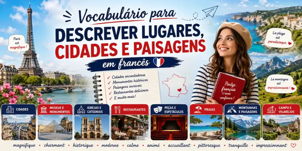 Dica de francês: infográfico completo para blog de idiomas intitulado 'Vocabulário para descrever lugares, cidades e paisagens em francês', apresentando categorias visuais e termos essenciais para viagens e vocabulário descritivo.