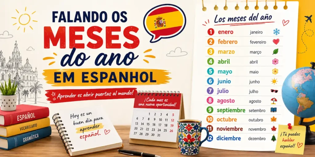 Dica de espanhol: infográfico completo para aprender os meses do ano em espanhol (enero, febrero, marzo...), incluindo traduções, vocabulário prático e elementos ilustrativos para facilitar o aprendizado de iniciantes.