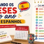 Dica de espanhol: infográfico completo para aprender os meses do ano em espanhol (enero, febrero, marzo...), incluindo traduções, vocabulário prático e elementos ilustrativos para facilitar o aprendizado de iniciantes.