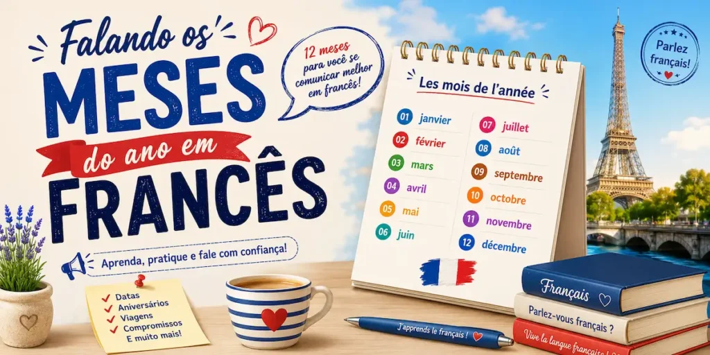 Dica de francês: infográfico com o título 'Falando os meses do ano em francês', apresentando a lista completa dos meses (janvier a décembre), exemplos de uso prático e elementos culturais franceses como a Torre Eiffel.
