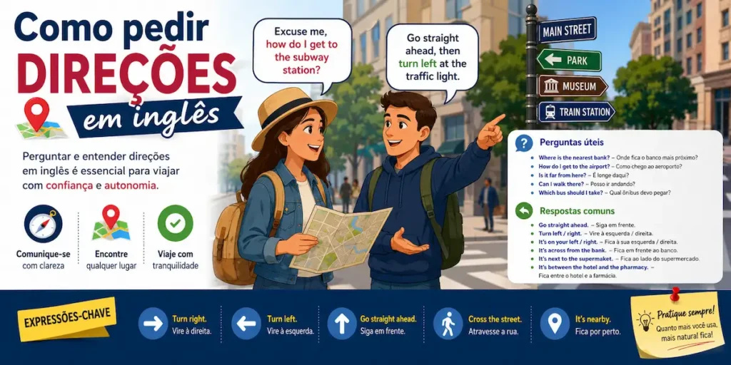 Dica de inglês: infográfico didático para blog de idiomas com o tema 'Como pedir direções em inglês', apresentando frases úteis, respostas comuns, expressões-chave de navegação e exemplos práticos para viagens.