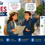 Dica de inglês: infográfico didático para blog de idiomas com o tema 'Como pedir direções em inglês', apresentando frases úteis, respostas comuns, expressões-chave de navegação e exemplos práticos para viagens.