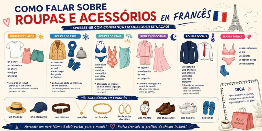 Dica de francês: infográfico completo com o título 'COMO FALAR SOBRE ROUPAS E ACESSÓRIOS EM FRANCÊS', incluindo vocabulário categorizado, exemplos de frases em francês com tradução para o português, e lista ilustrada de acessórios e calçados.