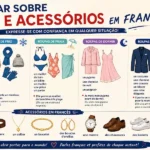Dica de francês: infográfico completo com o título 'COMO FALAR SOBRE ROUPAS E ACESSÓRIOS EM FRANCÊS', incluindo vocabulário categorizado, exemplos de frases em francês com tradução para o português, e lista ilustrada de acessórios e calçados.