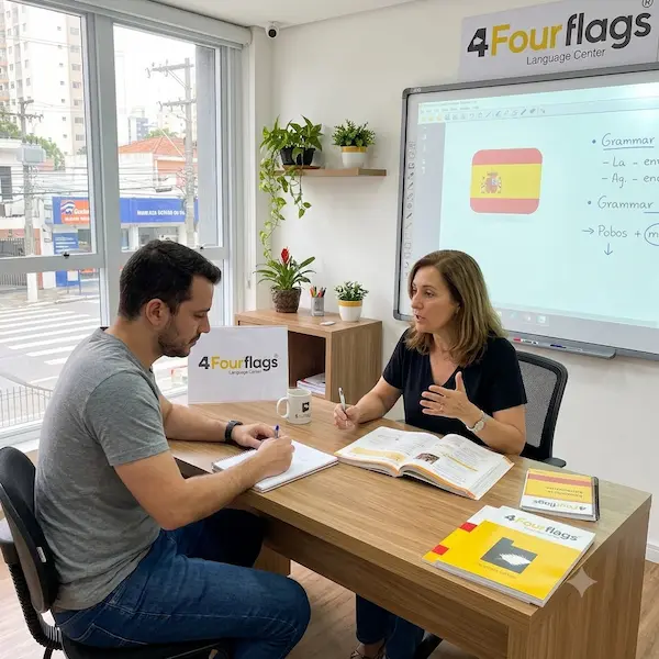 professora e aluno sentados em uma mesa, um em frente ao outro, dentro de sala de aula para ilustrar o curso de espanhol da fourflags